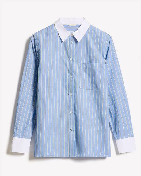 Striped Long-Sleeve Buttoned-Down Poplin Blouse with Contrasting Details