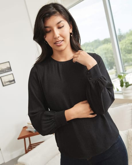 Crew Neck Popover Blouse with Long Puffy Sleeves