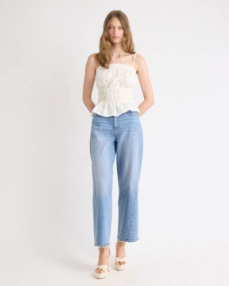 Sleeveless Square-Neck Smocked Poplin Blouse