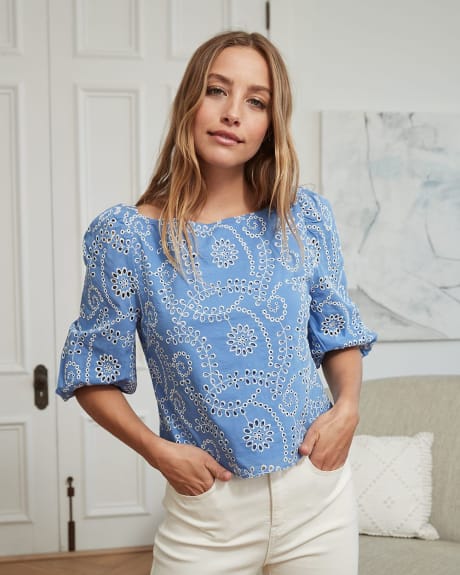 Cotton Voile 3/4 Sleeve Popover Blouse with Embroidery Details