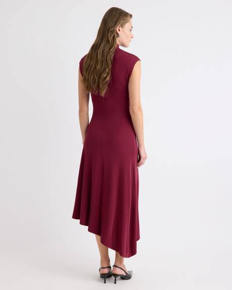 Extended-Sleeve Mock-Neck Draped Midi Dress