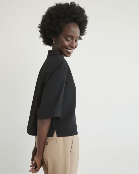 Soft Crepe Buttondown Blouse with Roll-Up Sleeves and Pocket