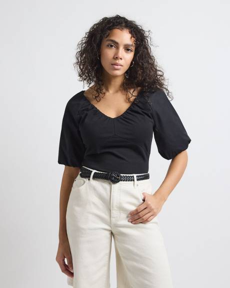Short-Puffy-Sleeve V-Neck Mix-Media Top