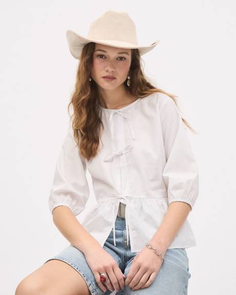 Elbow-Sleeve Crew-Neck Blouse with Self-Ties