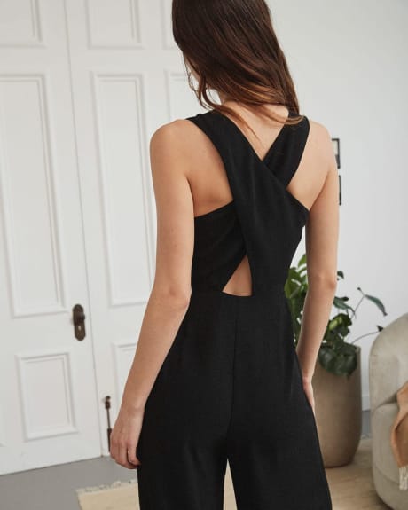 Sleeveless Satin Crepe Jumpsuit with Crossover Back