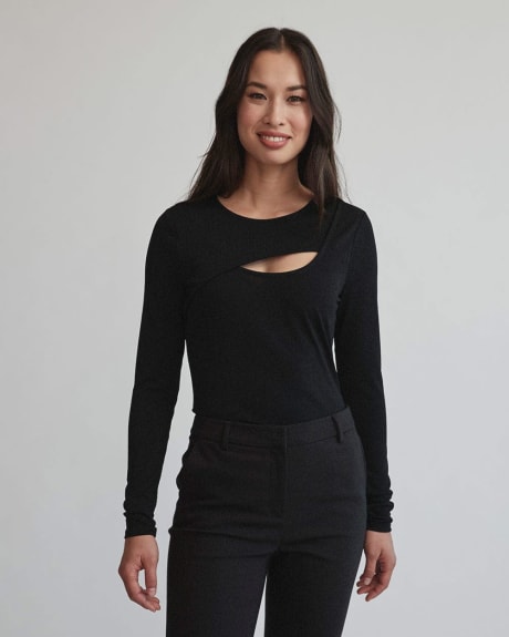 Knit Crepe Long Sleeve Top with Front Cutout