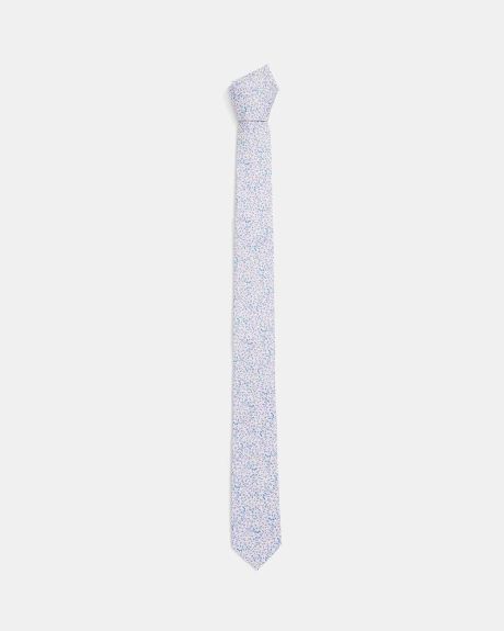 Skinny Pink Silk Tie with Blue Flowers