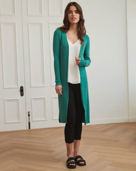 Ribbed and Buttoned Long Cardigan