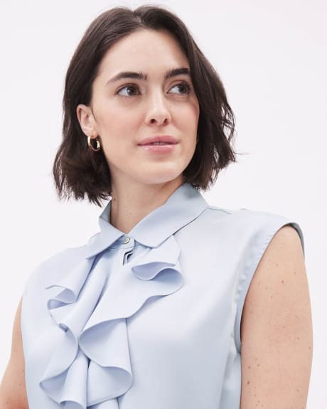 Sleeveless Buttoned-Down Blouse with Shirt Collar and Jabot