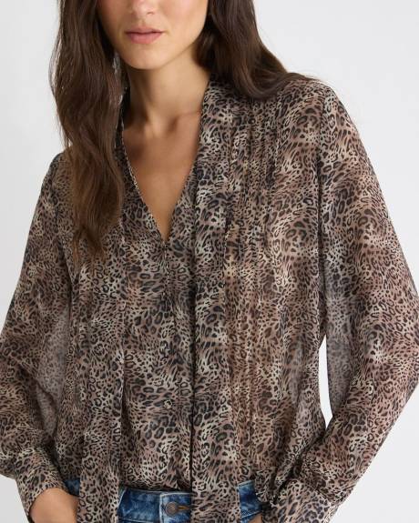 Blouse à Manches Longues à Col V avec Ruban à l'Encolure