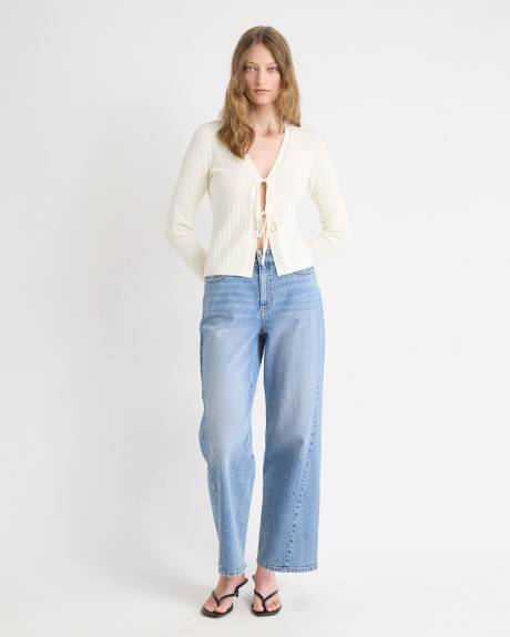 Long-Sleeve V-Neck Self-Tie Sweater in Fancy Stitches