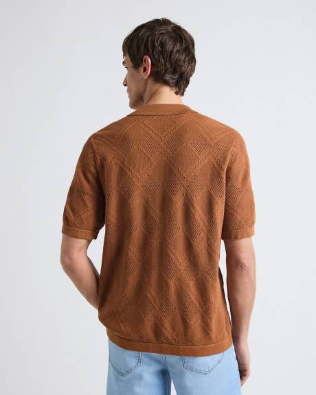 Pull à Motif à Losanges à Boutonner à Manches Courtes et Col Camp