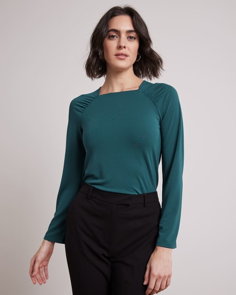 Square-Neck Long-Sleeve Top with Shirring