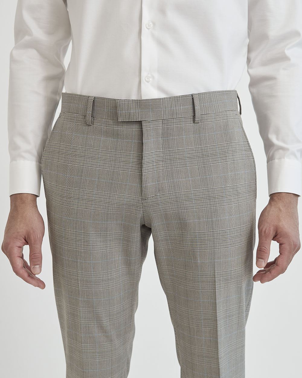 Pantalon de Complet Extensible à Carreaux Beiges à Coupe Ajustée
