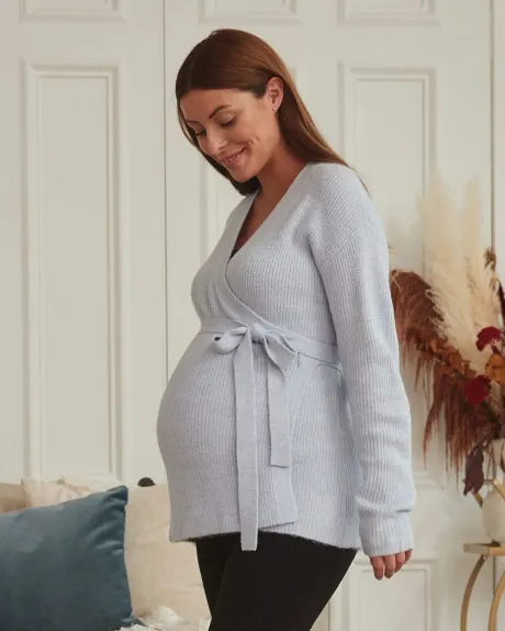 Spongy Knit Belted Nursing Wrap Sweater - Thyme Maternity