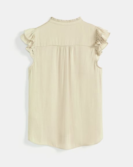 Matte Satin Ruffled Short Sleeve Blouse with Pleated Mock-Neck