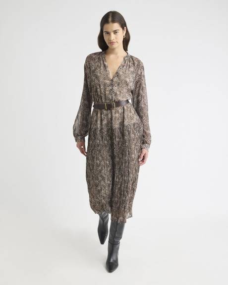 Robe Midi à Manches Longues et Col V à Motif Léopard