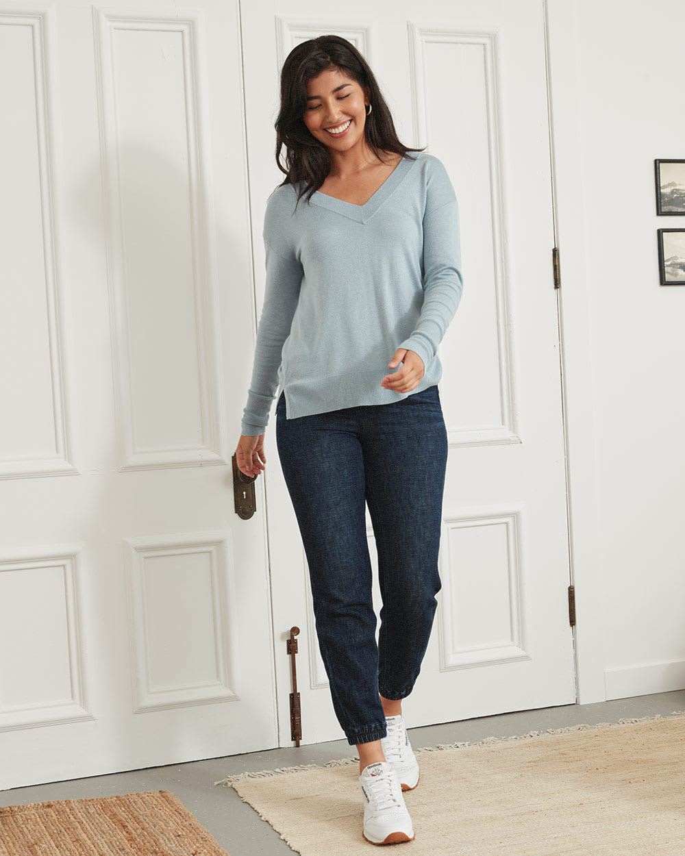 V-Neck Sweater with Ribbed Cuffs