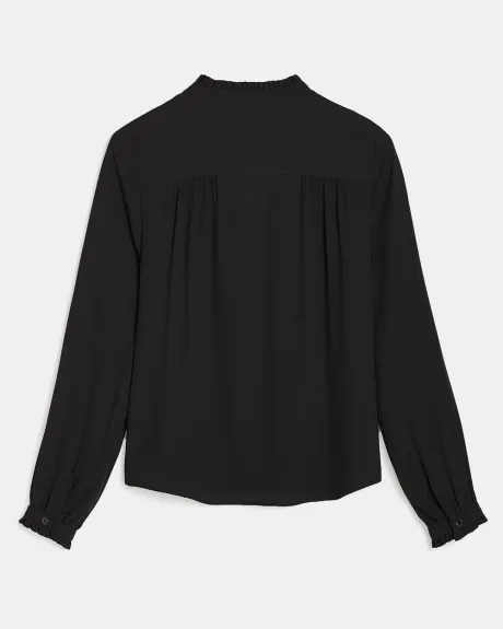 Silky Crepe Ruffled High-Neck Buttoned Long Sleeve Blouse