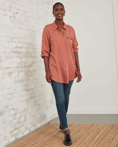 Long Sleeve Twill Button Down Blouse with Pocket
