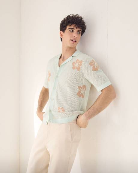 Short-Sleeve Floral Sweater with Camp Collar