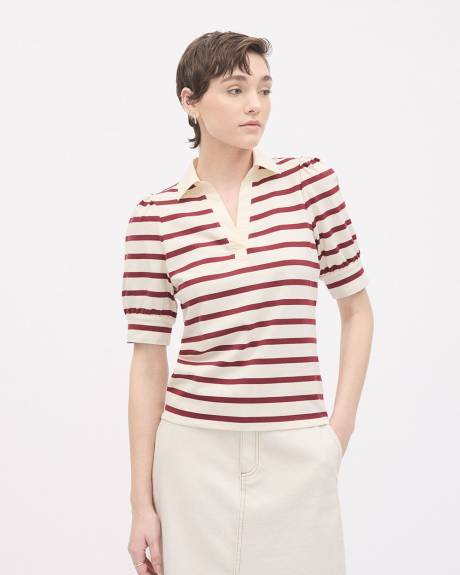 Puffy-Elbow-Sleeve V-Neck Striped Polo