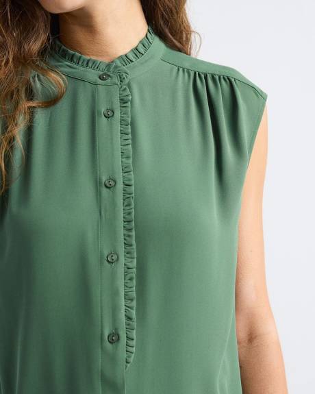 Sleeveless Mock-Neck Buttoned-Down Blouse with Ruffled Trim
