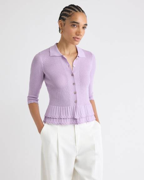 Polo Cardigan with Frilled Hem