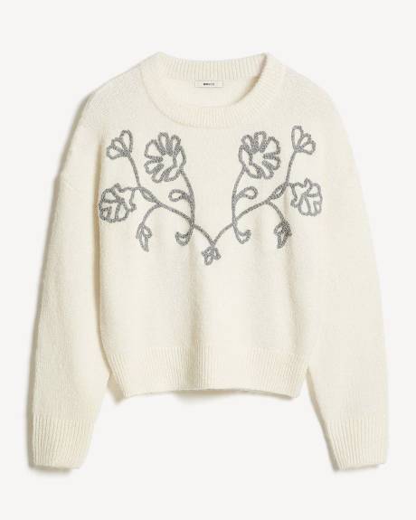 Pull à Manches Longues et Col Rond avec Fleurs