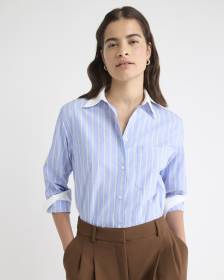 Striped Long-Sleeve Buttoned-Down Poplin Blouse with Contrasting Details