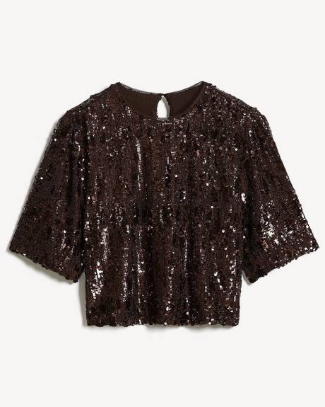 Haut Ample à Paillettes à Manches Courtes et Col Rond