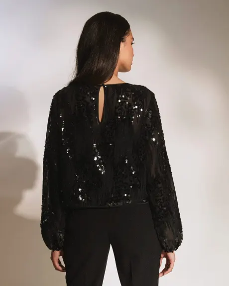Distressed Sequin Long Sleeve Cropped Blouse