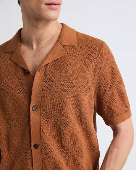 Pull à Motif à Losanges à Boutonner à Manches Courtes et Col Camp