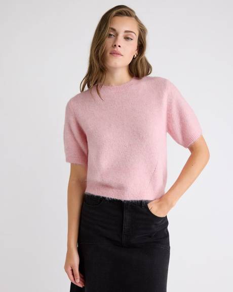 Short-Sleeve Crew-Neck Fuzzy Pullover