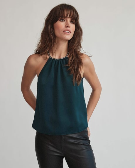 Satin Halter-Neck Blouse with Jeweled Trims