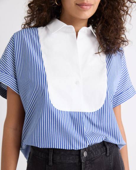 Blouse en Popeline Rayée à Manches Très Courtes et Col Chemisier