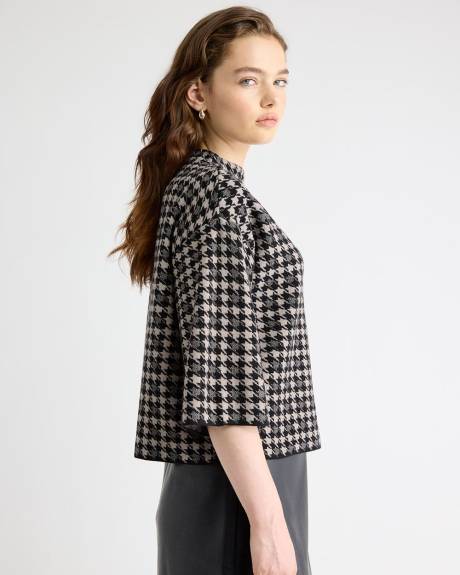 Pull Pied-de-Poule à Col Montant et Manches aux Coudes en Cloche