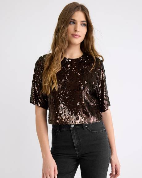 Short-Sleeve Crew-Neck Loose Sequins Top