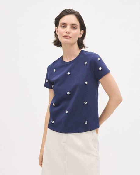 Haut &agrave; Manches Courtes et Col Rond avec Fleurs en Billes
