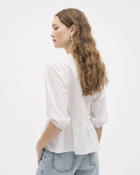 Elbow-Sleeve Crew-Neck Blouse with Self-Ties