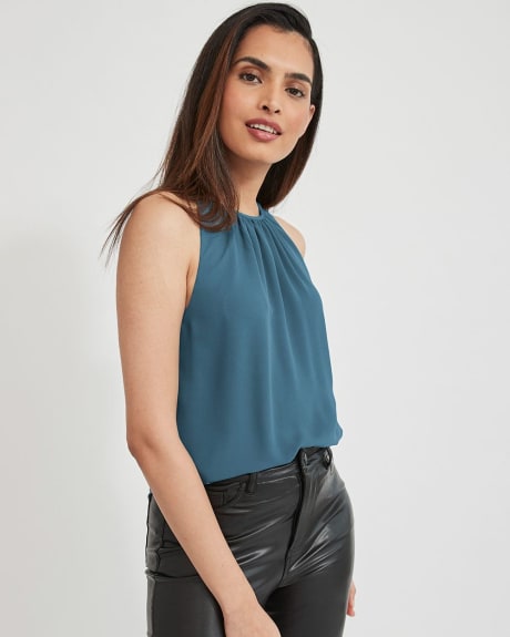 Crepe Crew Neck Cami with Front Shirring and Back Bow