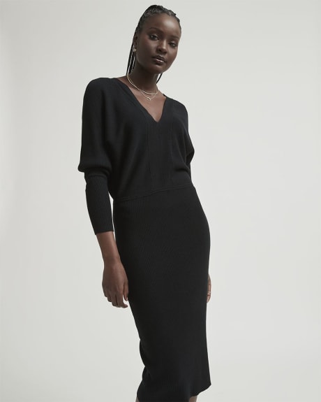 V-Neck Batwing Sleeve Sweater Dress with Back Twist Detail