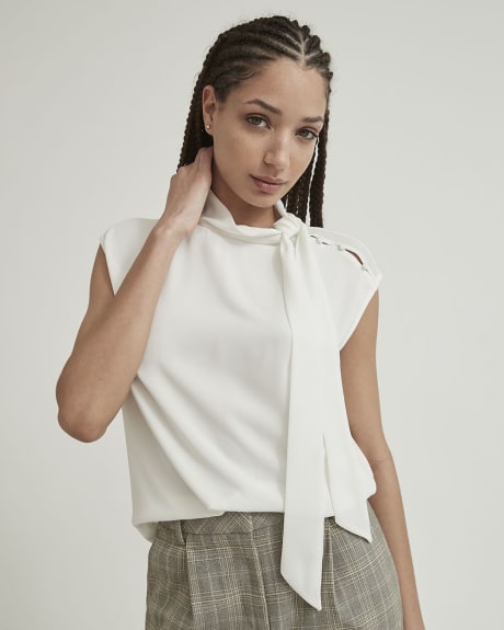 Silky Crepe Bi-Fabric Extended Shoulder T-Shirt with Neck Tie