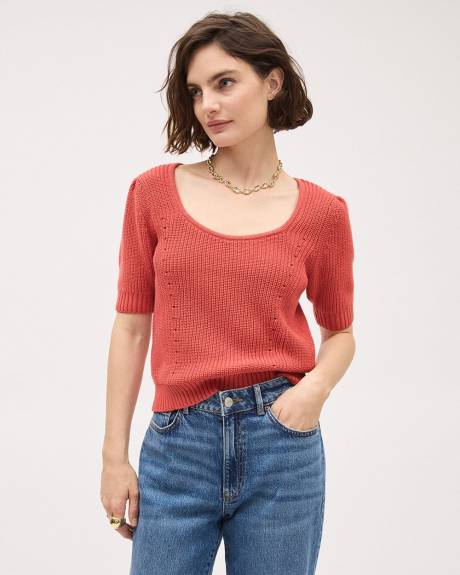 Elbow-Sleeve Square-Neck Cropped Textured Top