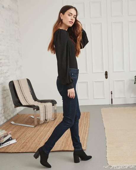 Black Mixed-Media Crew-Neck Tee with Long Puffy Sleeves