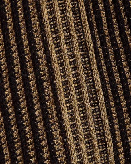 Pull Texturé à Manches Courtes et Col Johnny à Rayures Verticales