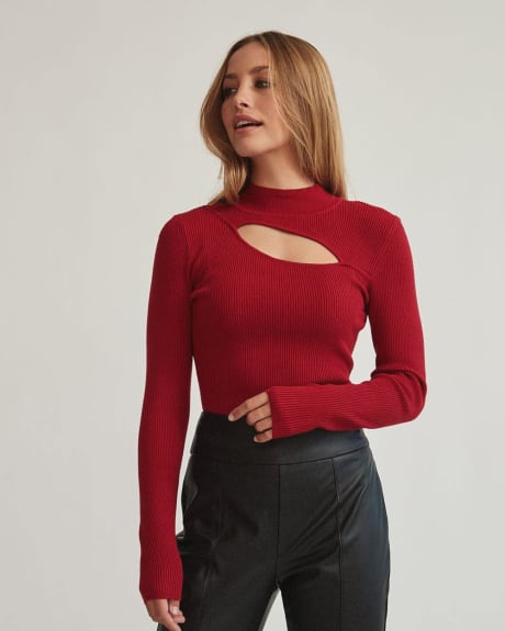 Ribbed Knit Mock Neck Pullover With Front Cutout