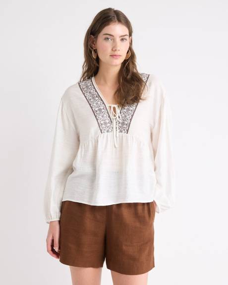 Long-Puffy-Sleeve V-Neck Blouse with Embroideries
