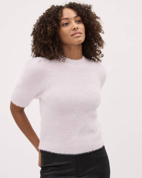 Elbow-Sleeve Mock-Neck Feather-Yarn Pullover with Pearls