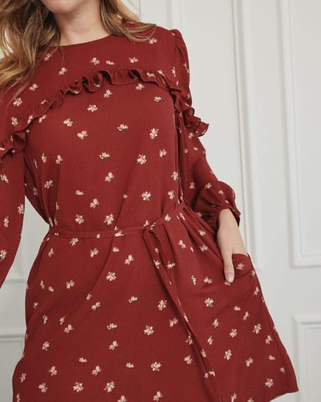 Floral Long Sleeve Shift Dress with Front Ruffles